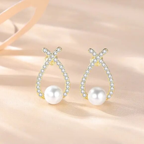 2ct Diamond 18K Gold Twisted Womens Pearl Earrings Soliatire Stud Style Jewelry